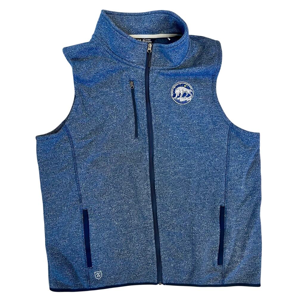 Men’s Zusa Blue Fleece Zip Vest Zipper Pockets Space Protection Program Patch XL